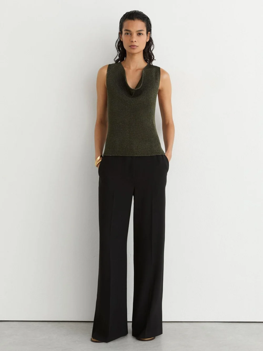 Reiss Simone Green Cowl-neck Metallic-knit Sleeveless Top, L, view 4