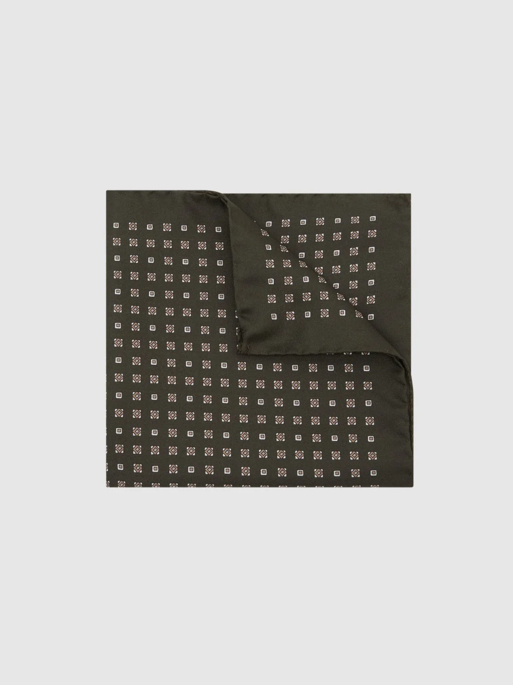 Reiss Sisto Khaki Green Silk Micro Diamond-print Pocket Square