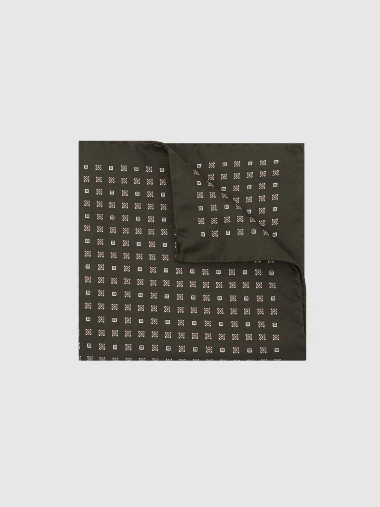 Reiss Sisto Khaki Green Silk Micro Diamond-print Pocket Square
