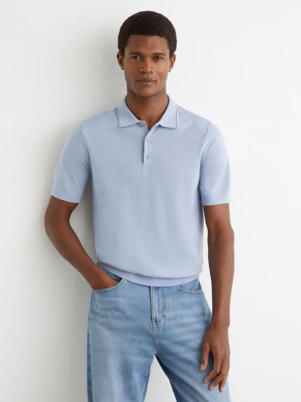 Reiss Sky Blue Merino Wool Short-sleeve Polo Shirt