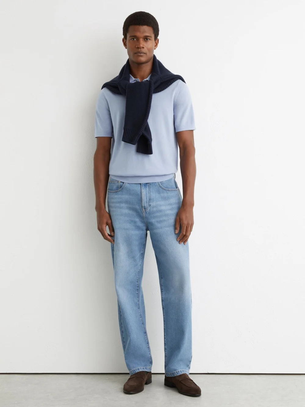 Reiss Sky Blue Merino Wool Short-sleeve Polo Shirt, view 3