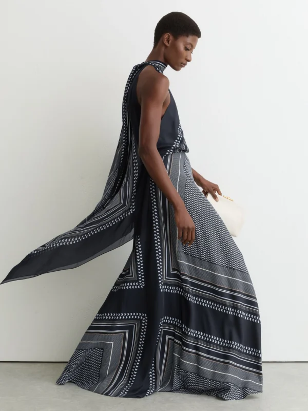 Reiss Skylar Navy Scarf-print Tie-neck Maxi Dress, 10