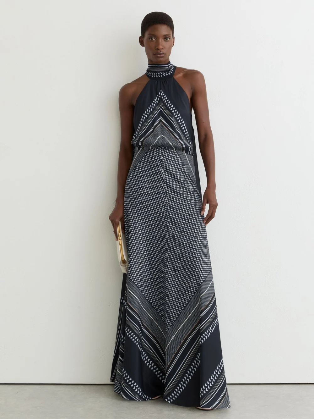 Reiss Skylar Navy Scarf-print Tie-neck Maxi Dress, 10, view 3