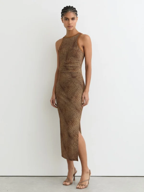 Reiss Snake-print Brown Jersey Racer Midi Dress