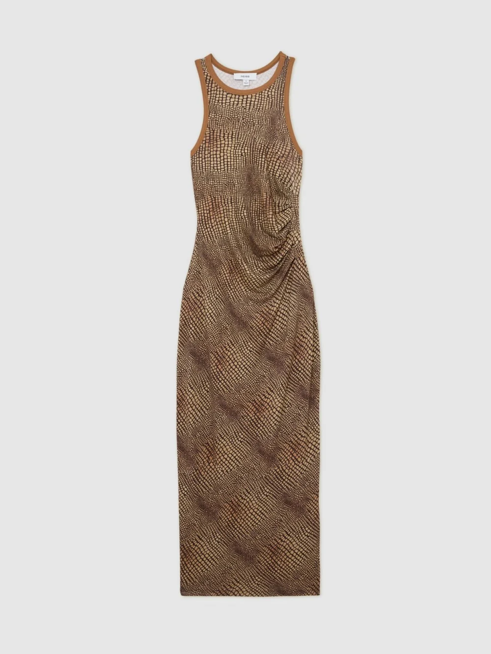 Reiss Snake-print Brown Jersey Racer Midi Dress, view 2
