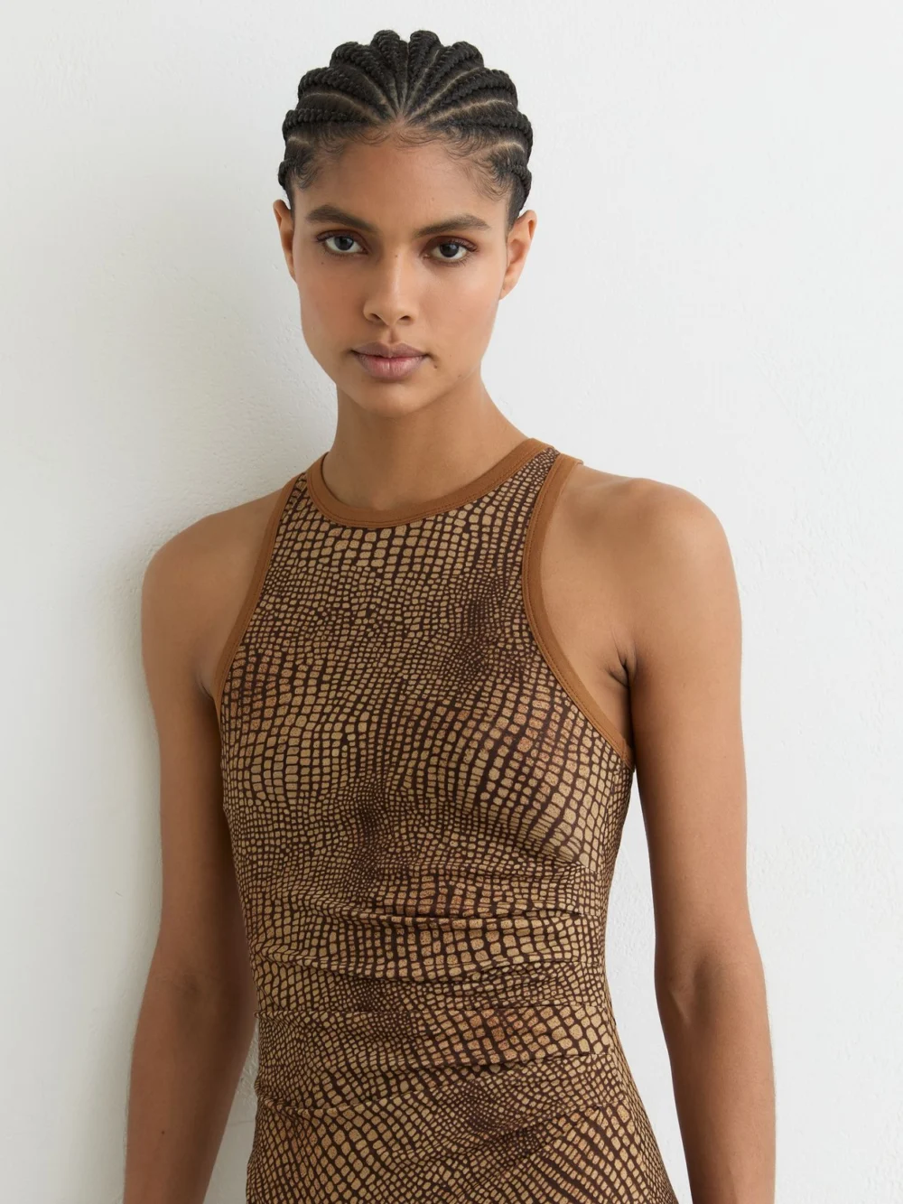 Reiss Snake-print Brown Jersey Racer Midi Dress, view 4