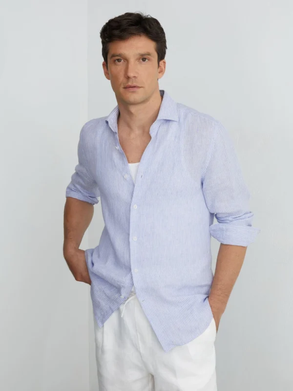 Reiss Soft Blue & White Fine Stripe Linen Long-sleeve Shirt Regular-fit