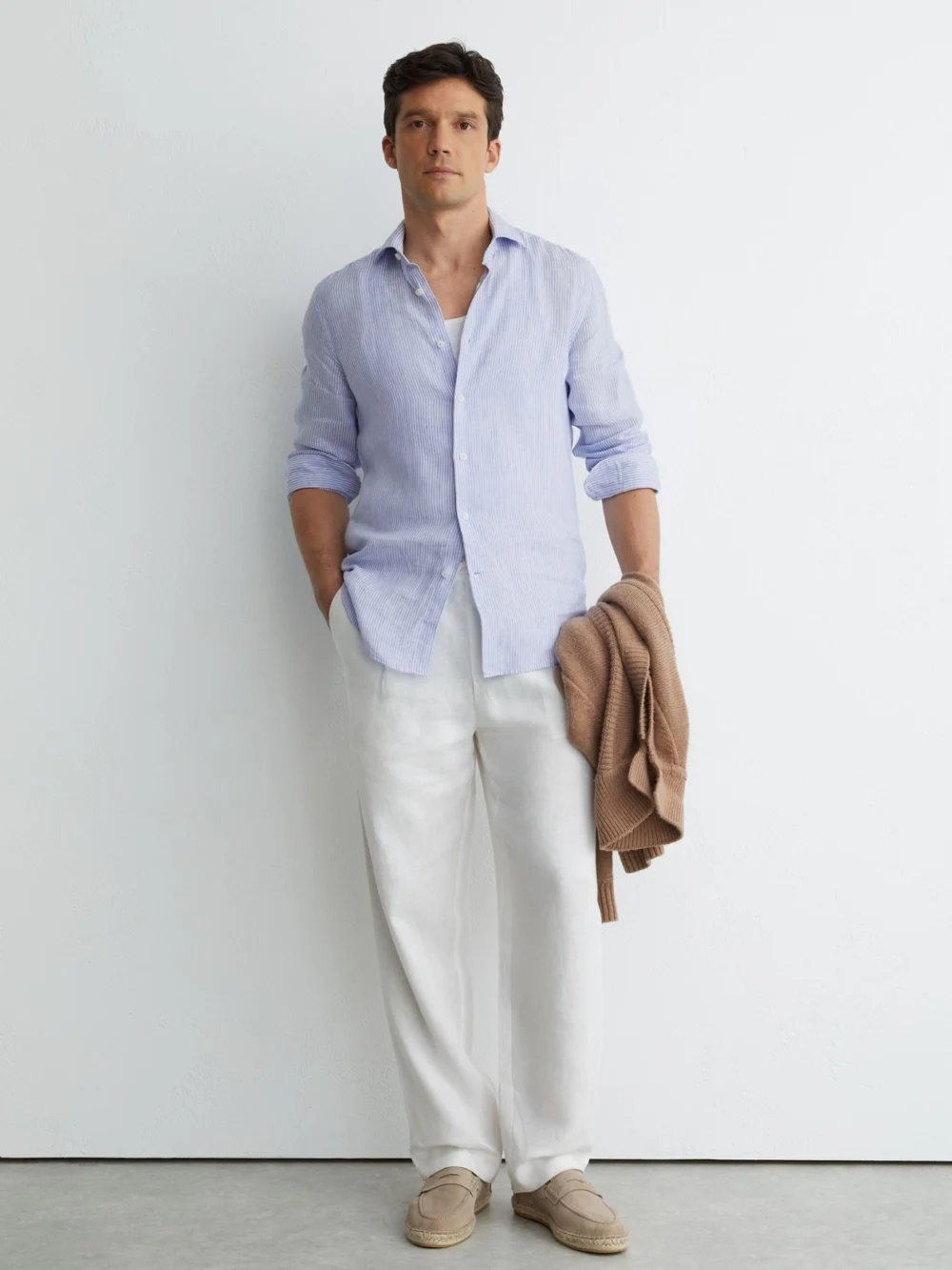 Reiss Soft Blue & White Fine Stripe Linen Long-sleeve Shirt Regular-fit, view 4
