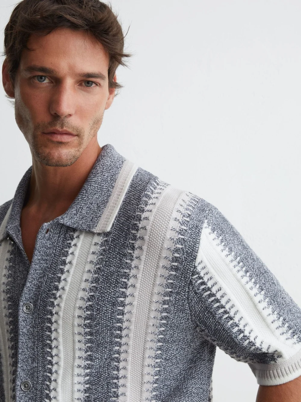 Reiss Soft Blue & White Stitch-detail Stripe Knitted Shirt with Cotton in soft blue/white