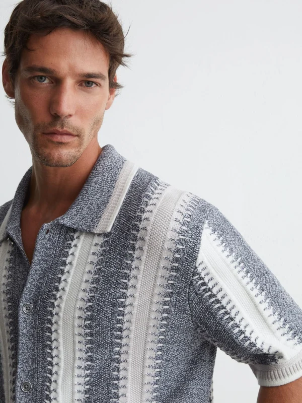 Reiss Soft Blue & White Stitch-detail Stripe Knitted Shirt with Cotton