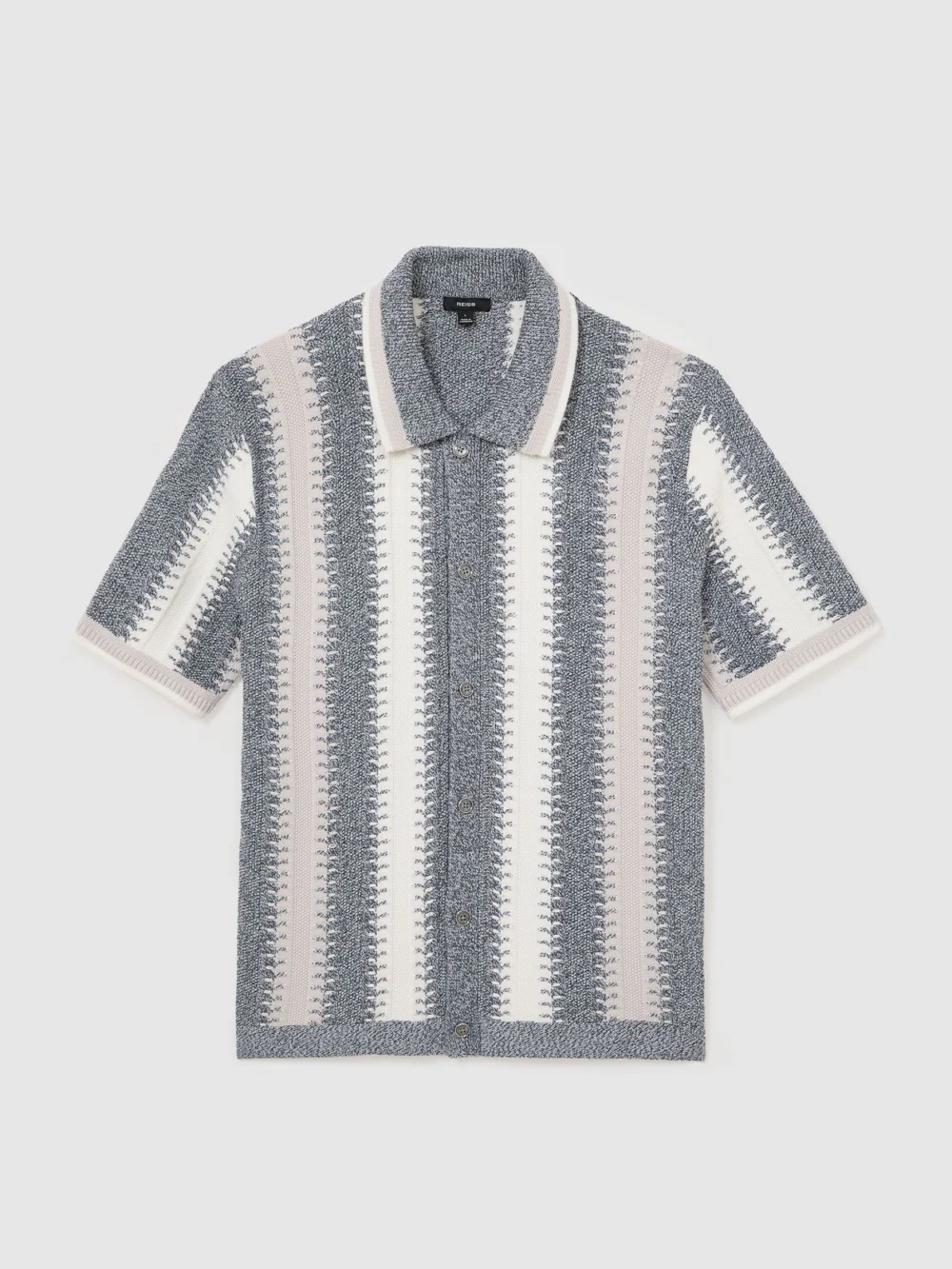 Reiss Soft Blue & White Stitch-detail Stripe Knitted Shirt with Cotton, view 2