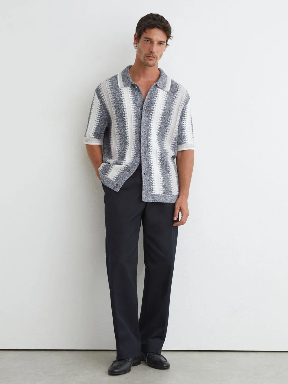 Reiss Soft Blue & White Stitch-detail Stripe Knitted Shirt with Cotton, view 3