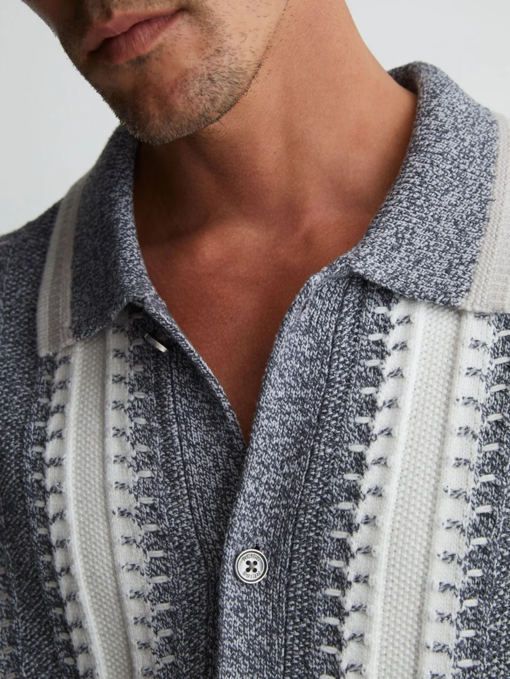 Reiss Soft Blue & White Stitch-detail Stripe Knitted Shirt with Cotton, view 4