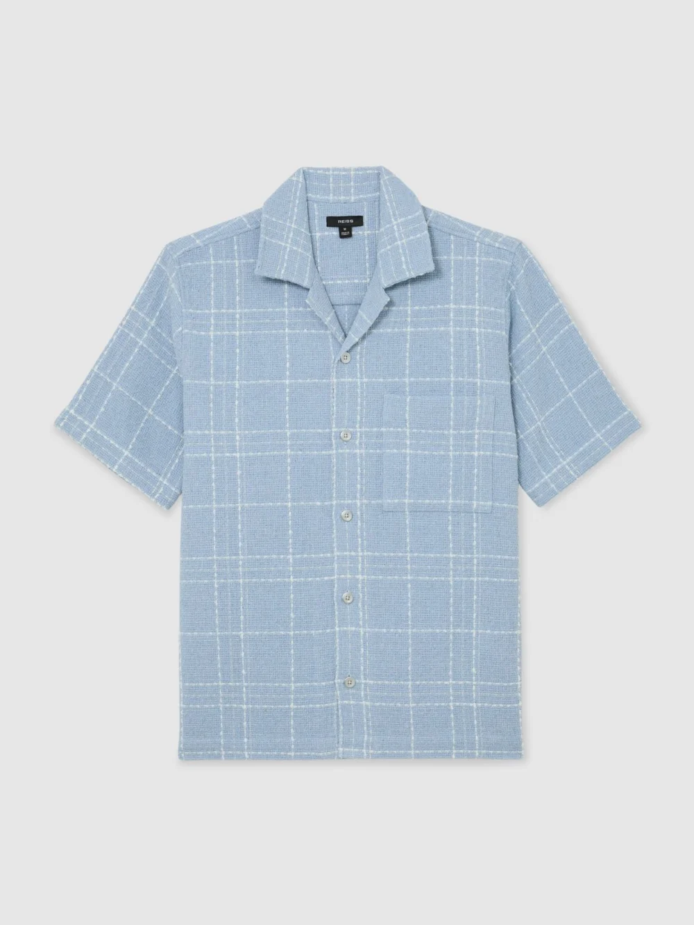 Reiss Soft Blue & White Textured Check Cuban-collar Shirt with Cotton, view 2