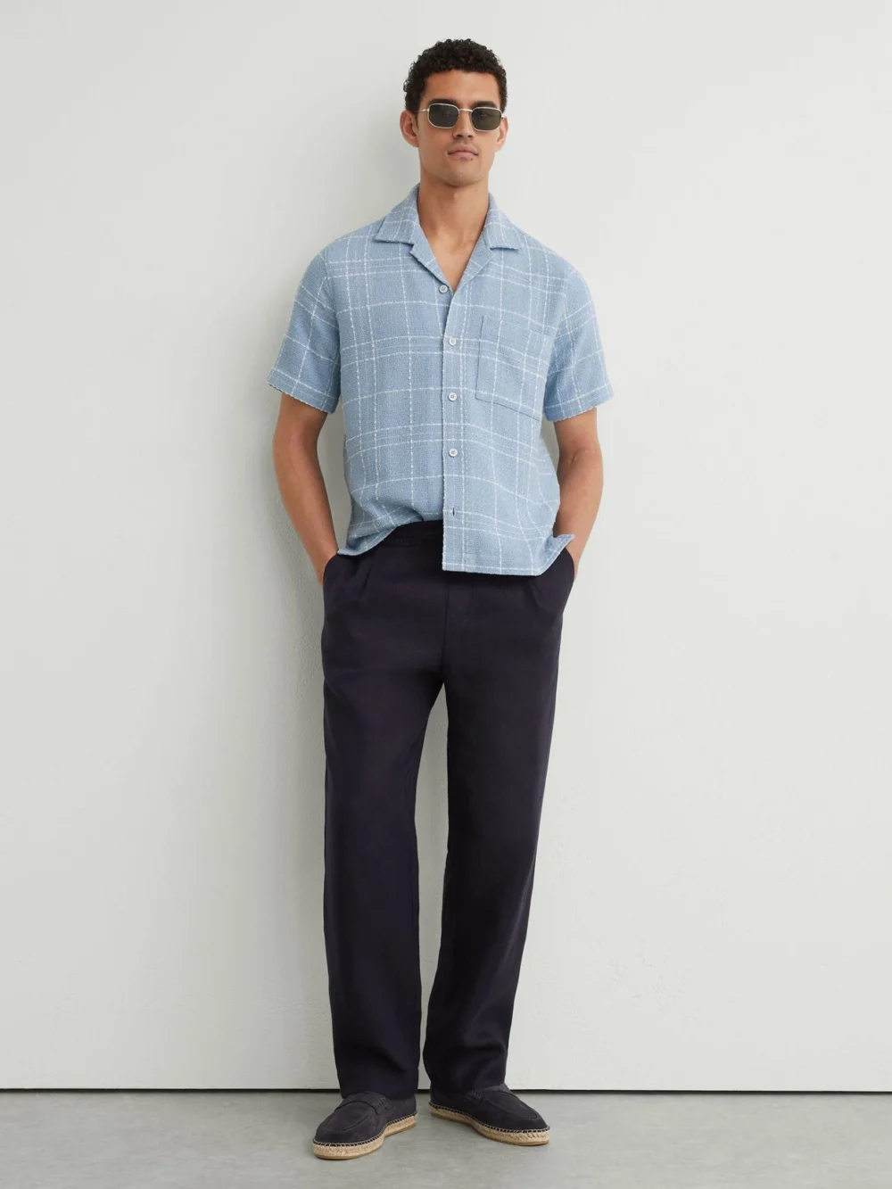 Reiss Soft Blue & White Textured Check Cuban-collar Shirt with Cotton, view 3