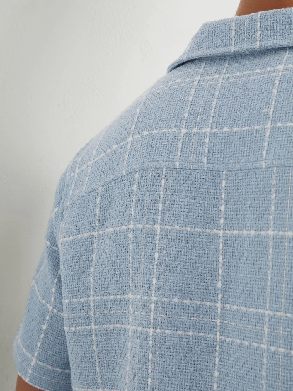 Reiss Soft Blue & White Textured Check Cuban-collar Shirt with Cotton, view 4