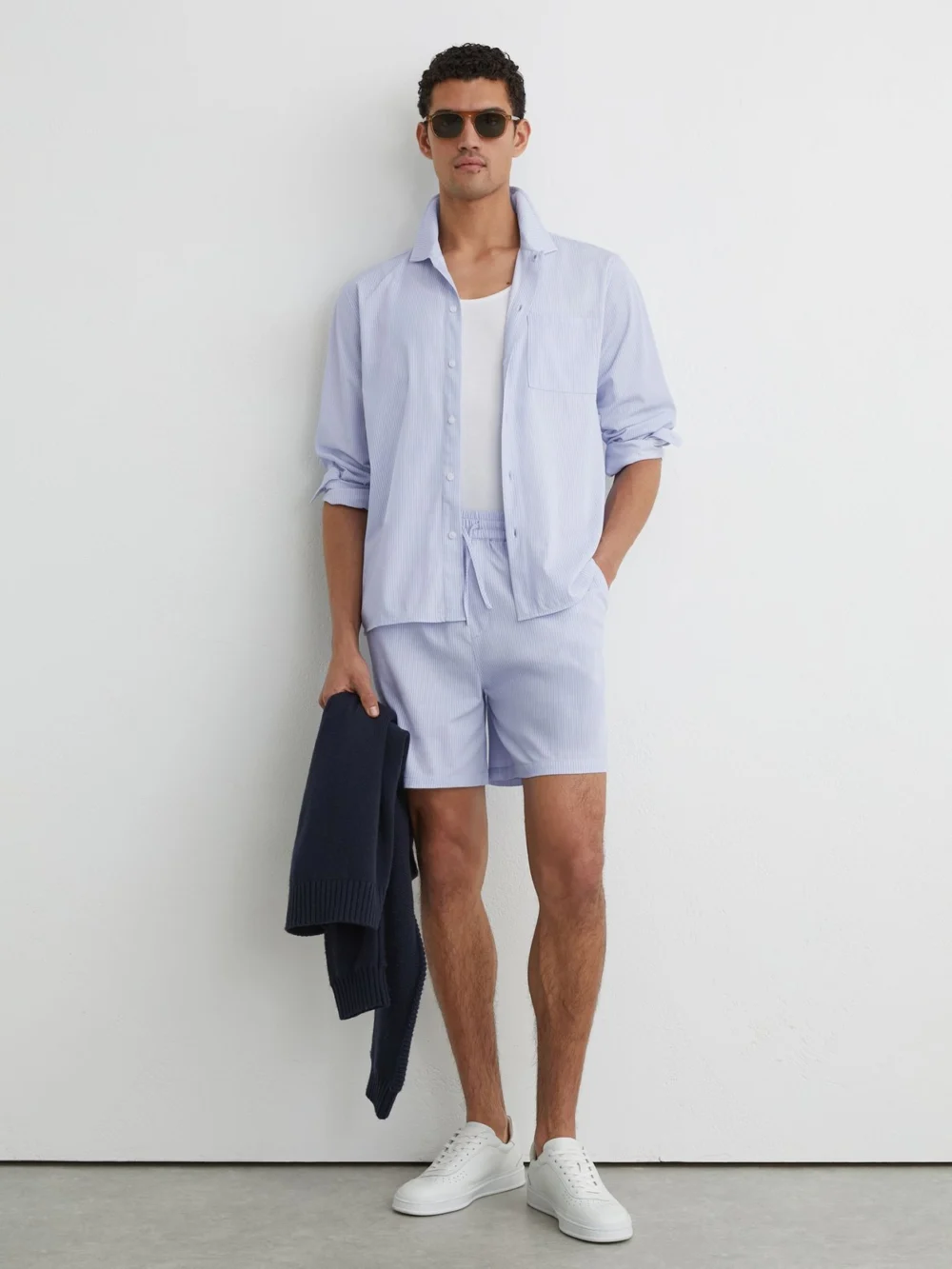 Reiss Soft Blue Cotton-blend Drawstring Pinstripe Shorts, view 3