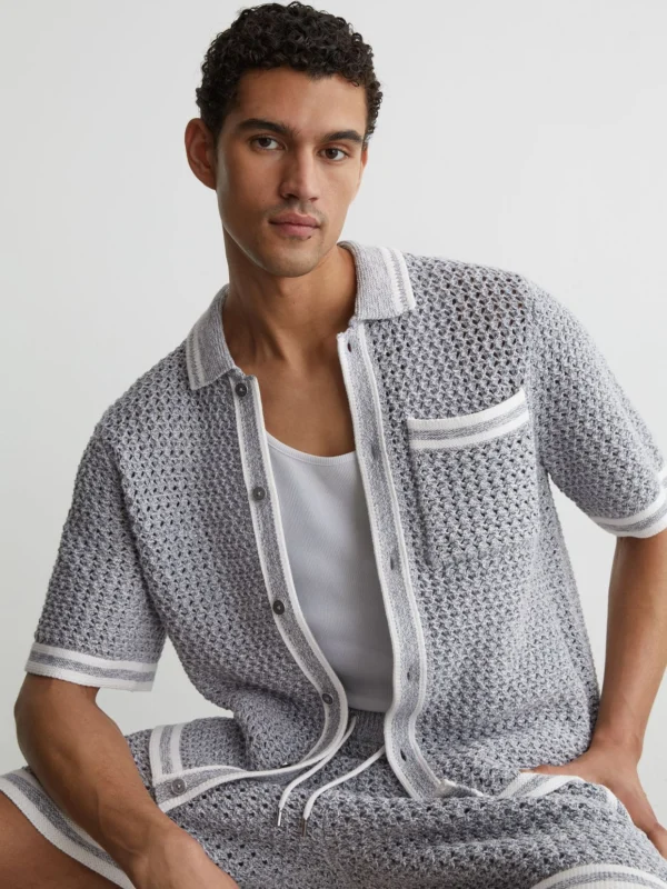 Reiss Soft Blue Cotton Crochet Button-through Shirt