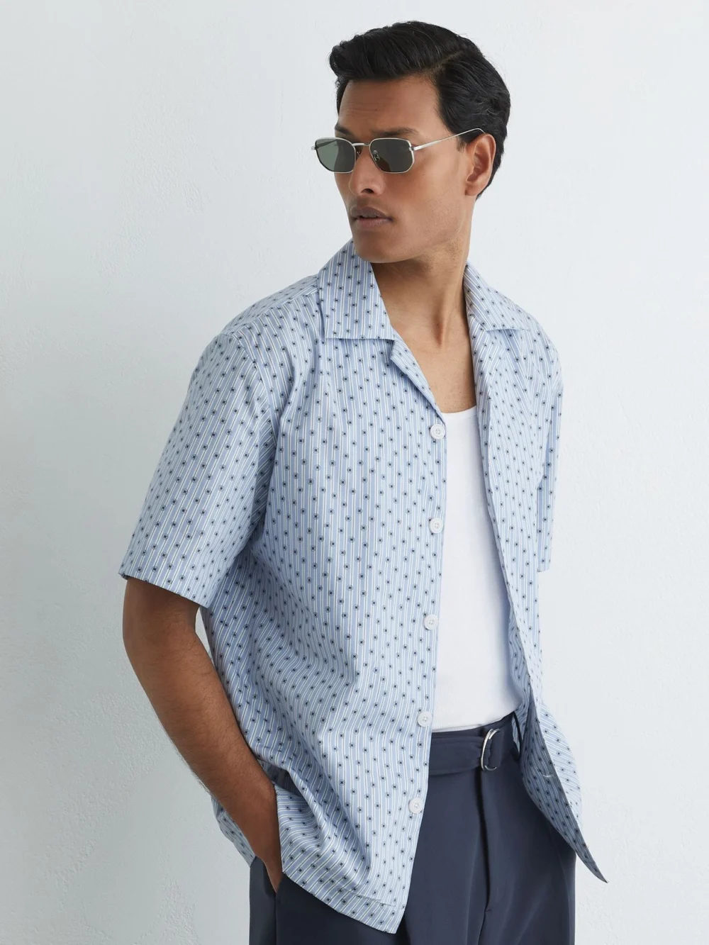Reiss Soft Blue Cotton Medallion-print Cuban-collar Shirt