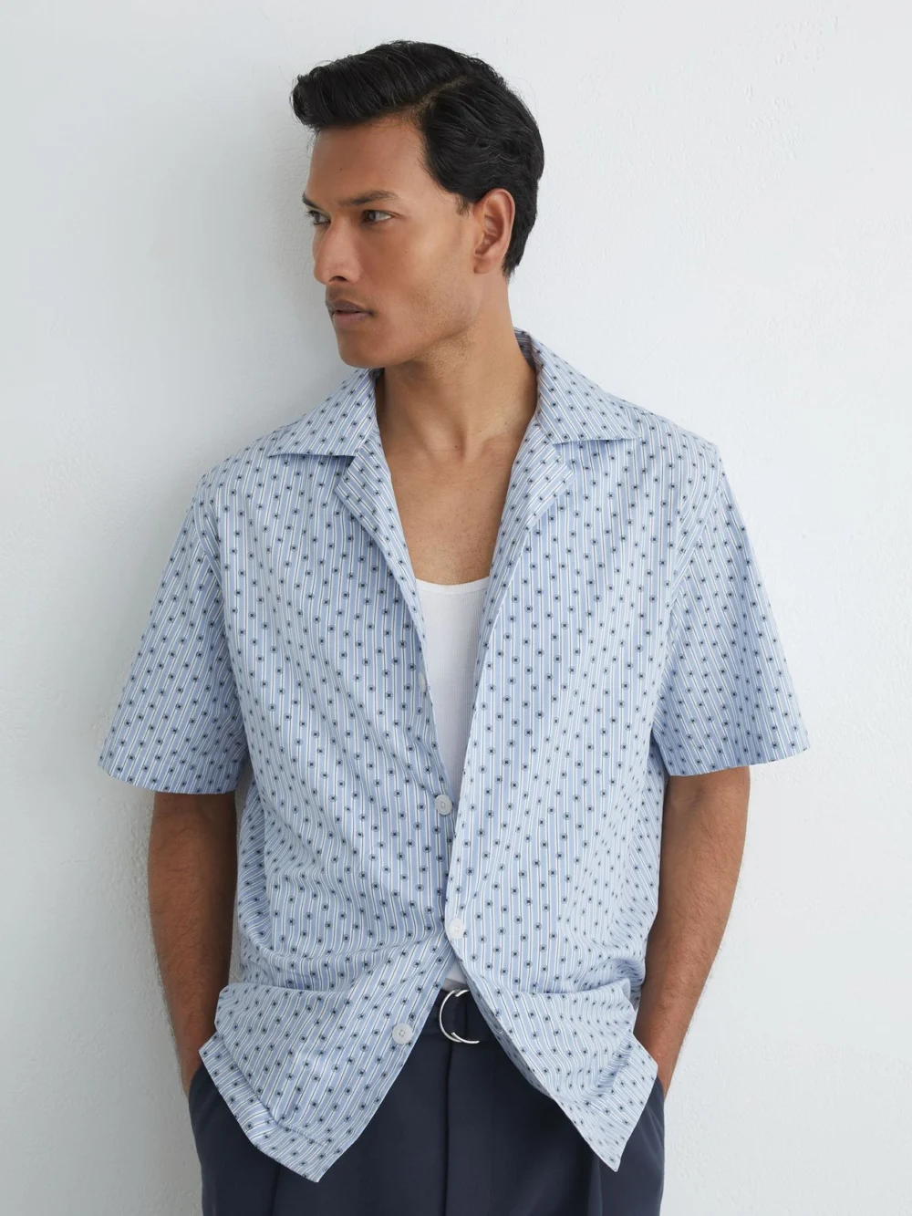 Reiss Soft Blue Cotton Medallion-print Cuban-collar Shirt, view 3