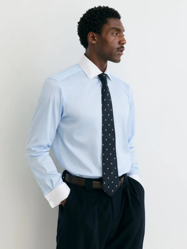 Reiss Soft Blue Cotton-stretch Contrast Double-cuff Shirt Regular-fit