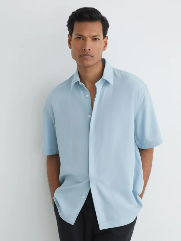 Reiss Soft Blue Lyocell-linen Short-sleeve Shirt