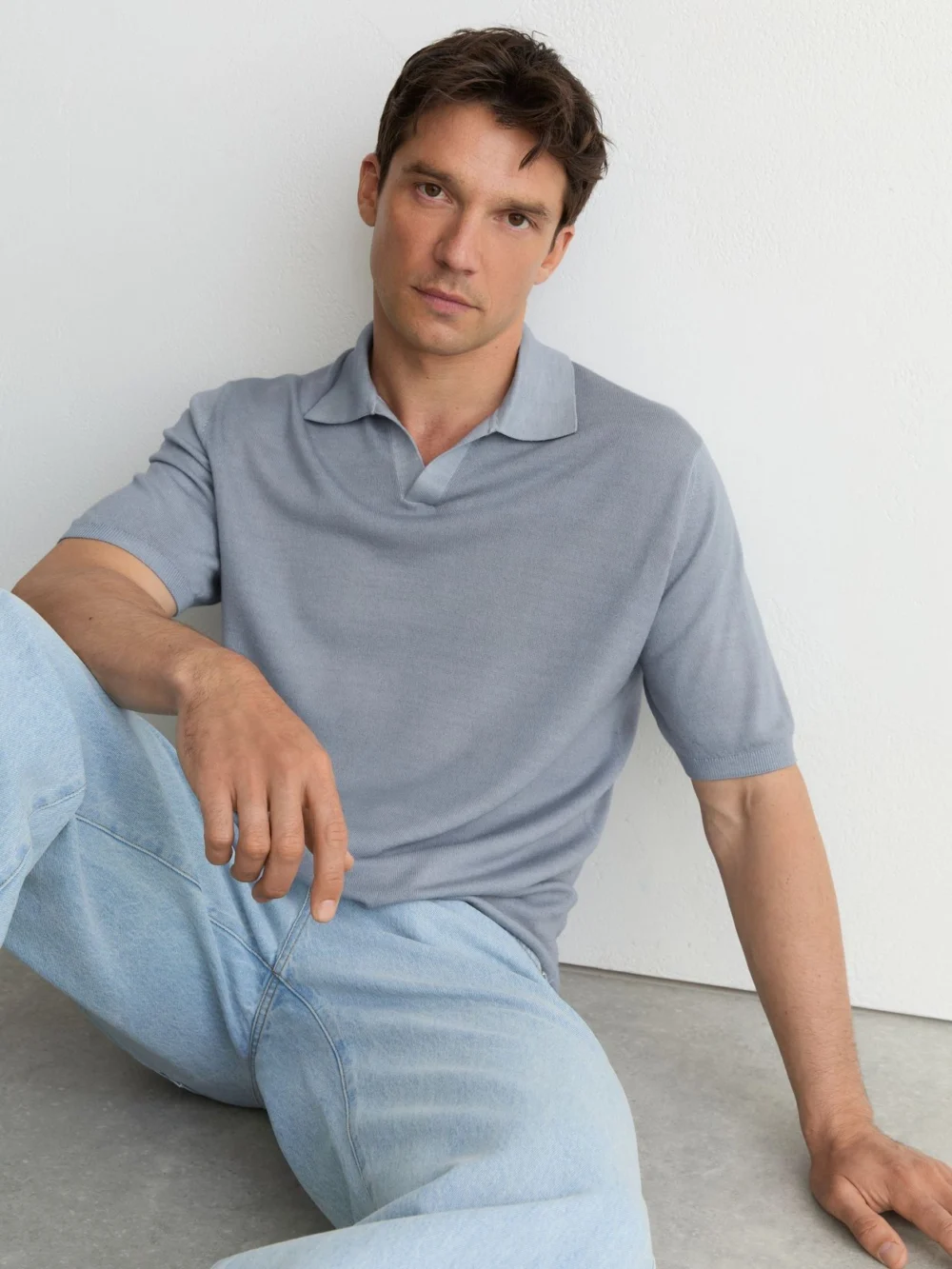Reiss Soft Blue Pigment-dyed Merino Wool Open-collar Polo Shirt