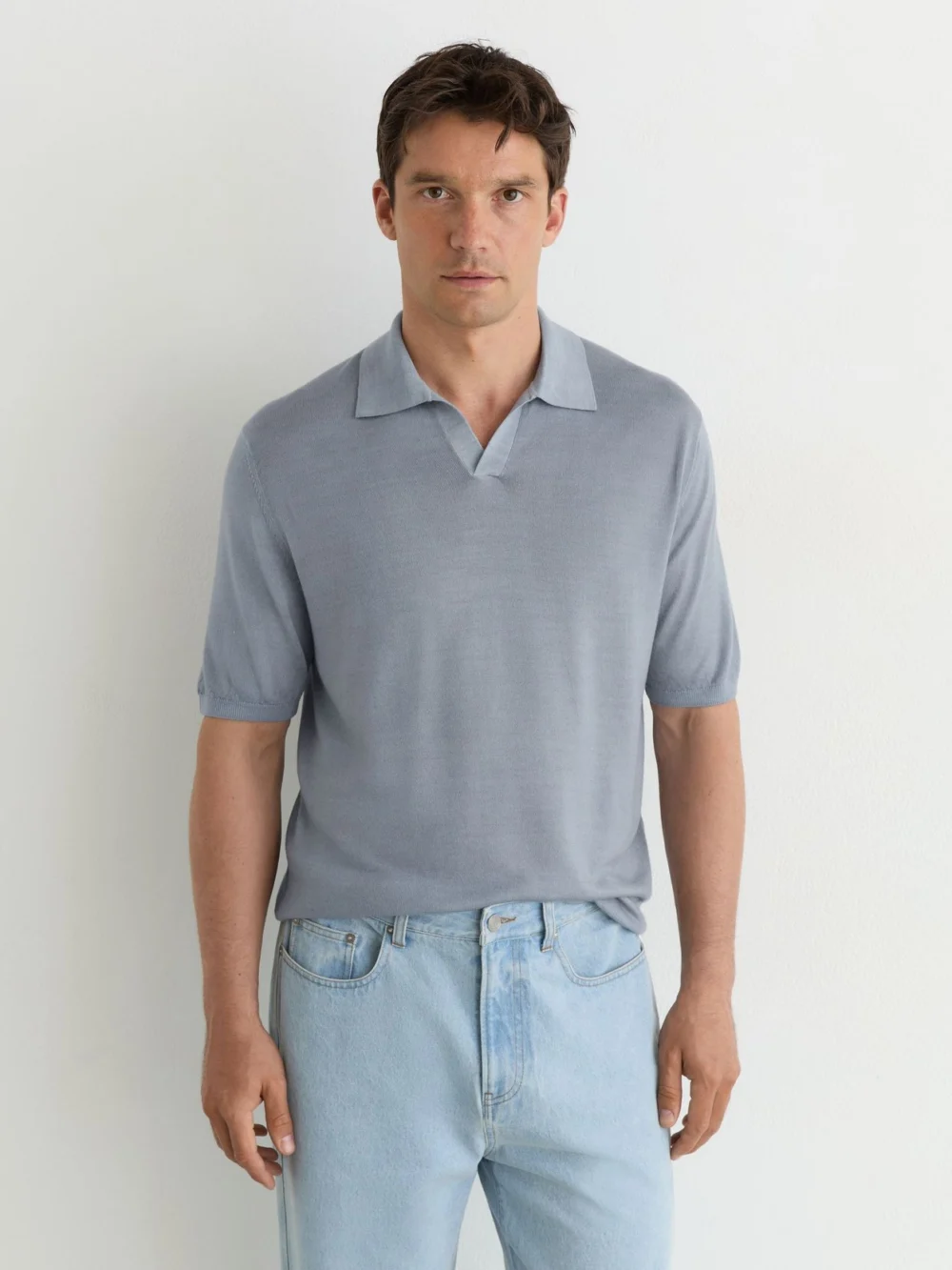 Reiss Soft Blue Pigment-dyed Merino Wool Open-collar Polo Shirt, view 3