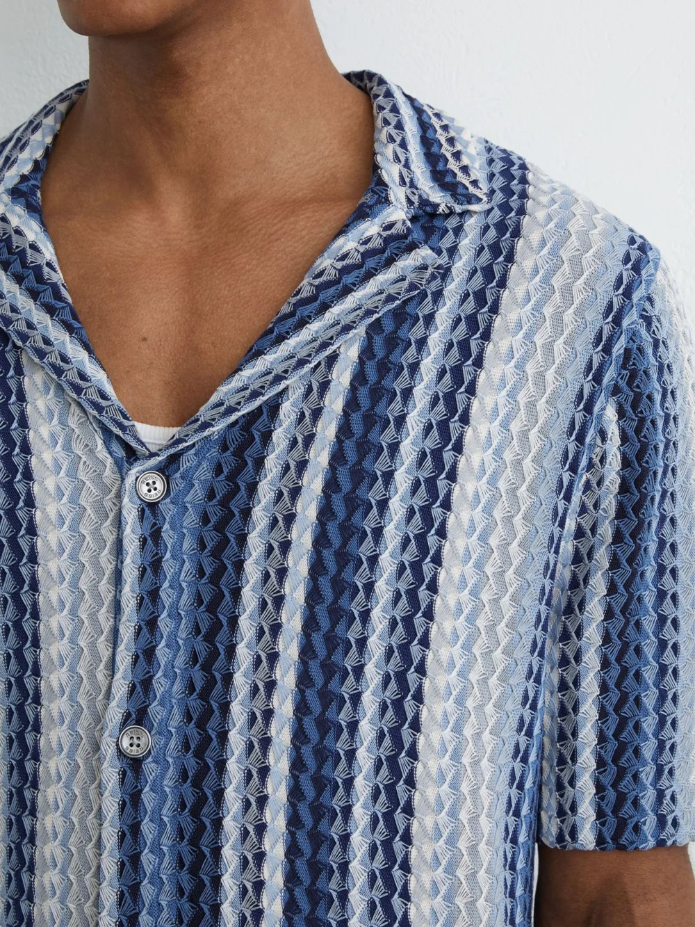 Reiss Soft Blue Stripe-knit Cuban-collar Shirt