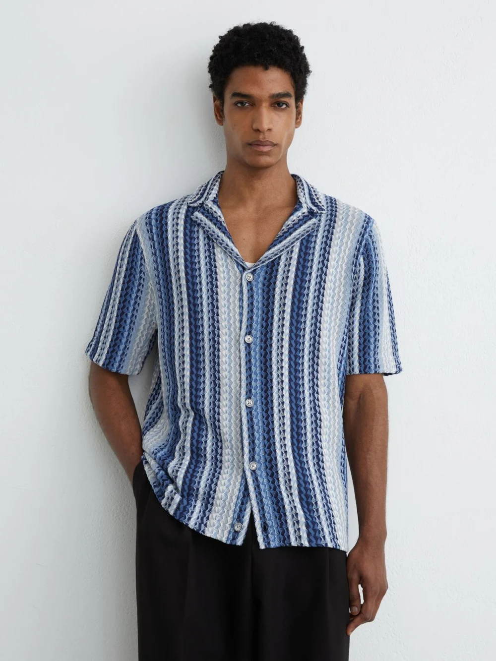 Reiss Soft Blue Stripe-knit Cuban-collar Shirt, view 3