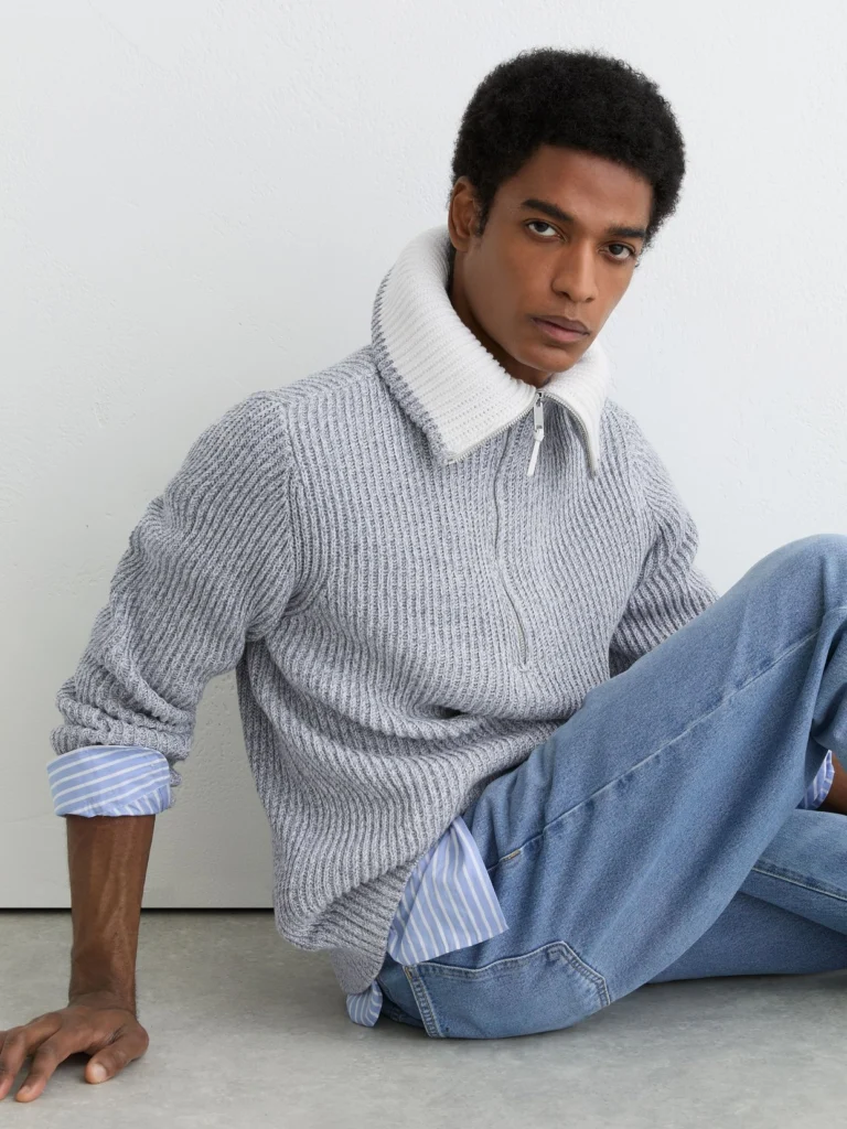 Reiss Soft Blue Twist Cotton-blend Rib-knit Half-zip Jumper