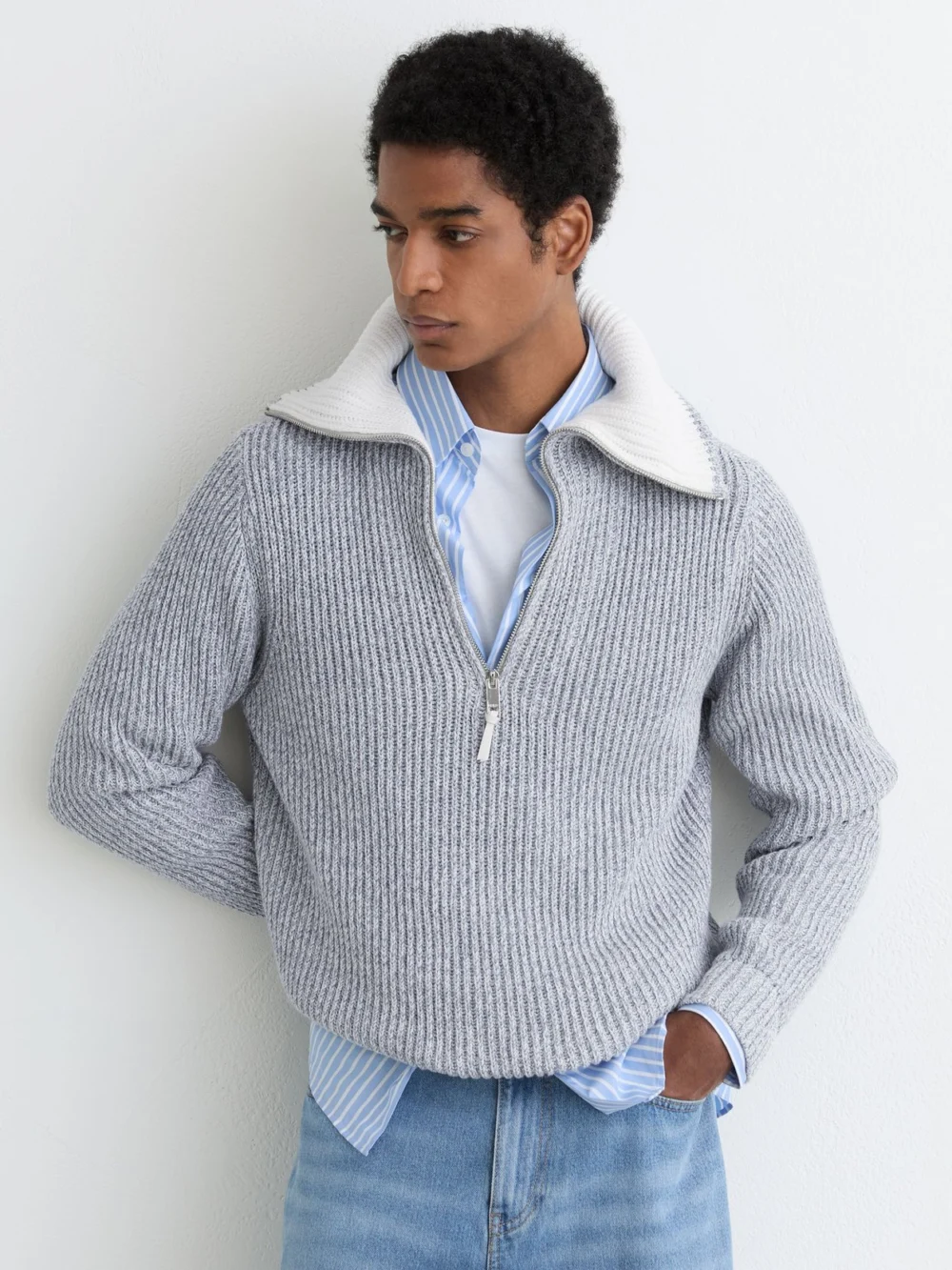 Reiss Soft Blue Twist Cotton-blend Rib-knit Half-zip Jumper, view 4