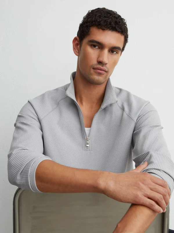 Reiss Soft Blue Waffle Half-zip Funnel-neck Sweatshirt