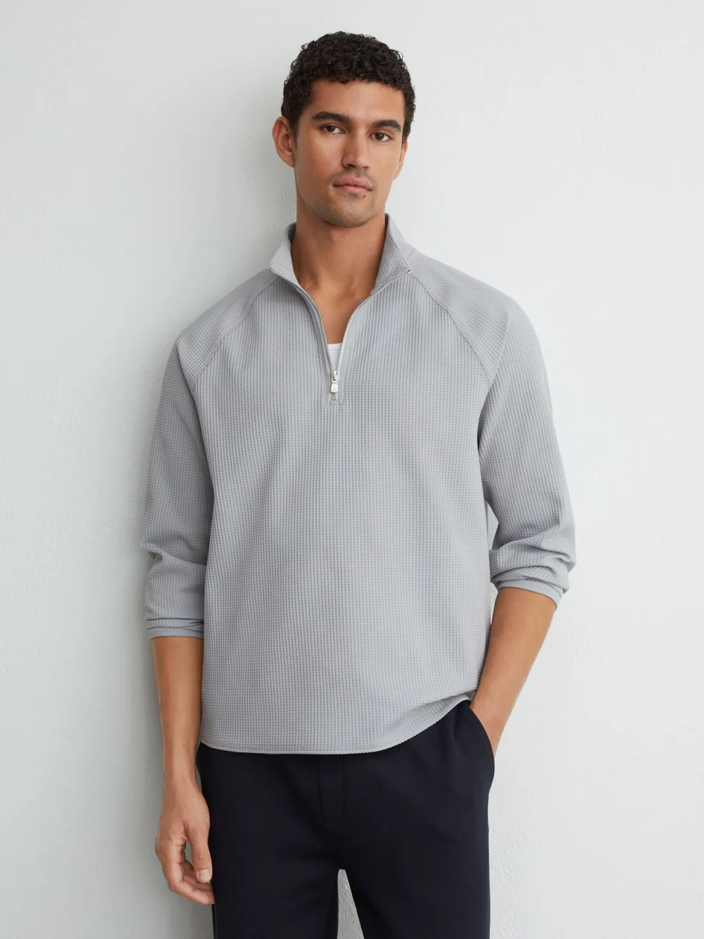 Reiss Soft Blue Waffle Half-zip Funnel-neck Sweatshirt, view 3