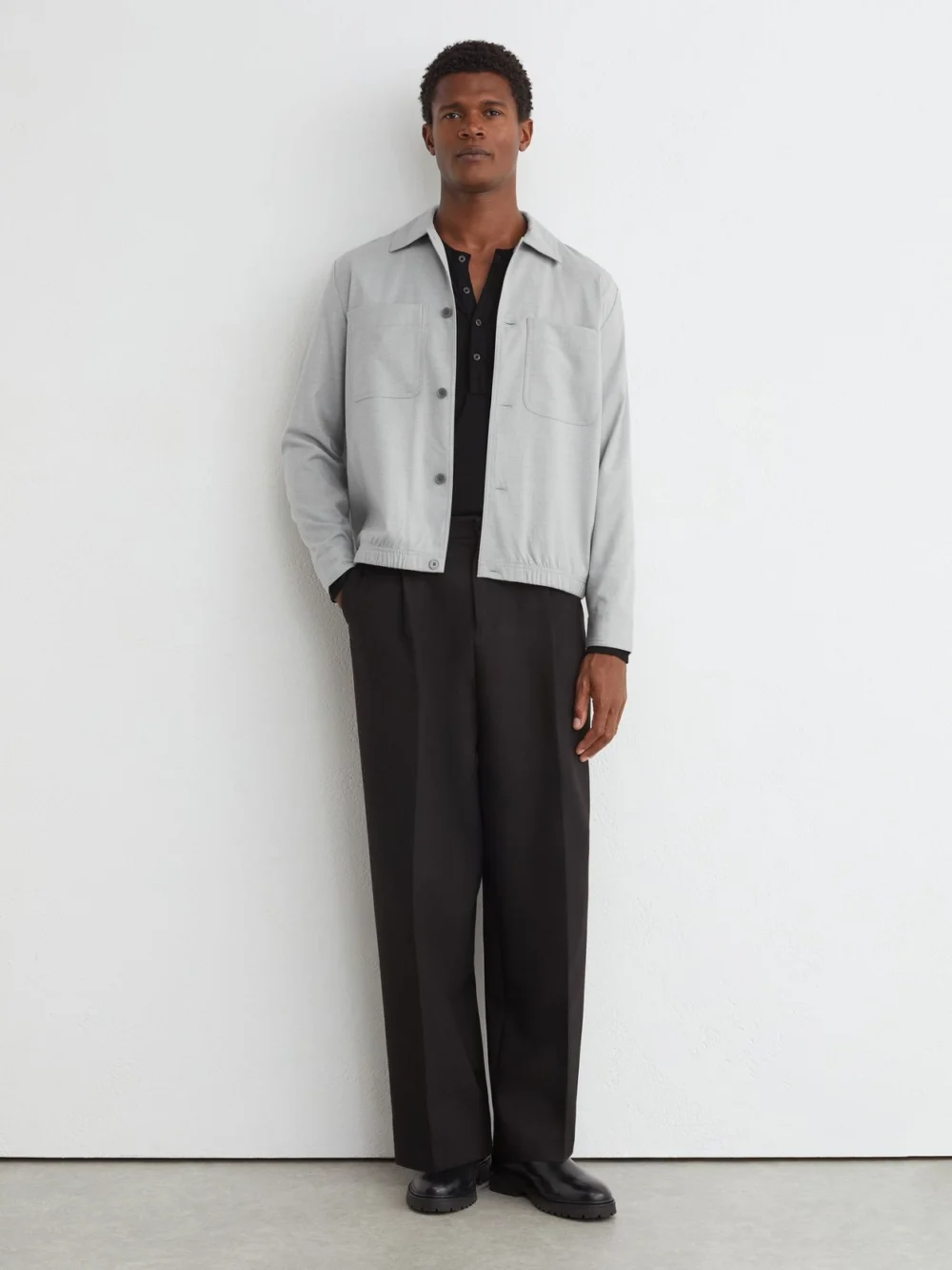 Reiss Soft Grey Brushed Twin-pocket Overshirt with Wool, view 3