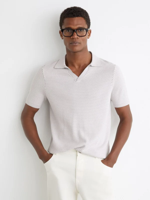 Reiss Soft Grey Open-collar Textured-knit Polo Shirt