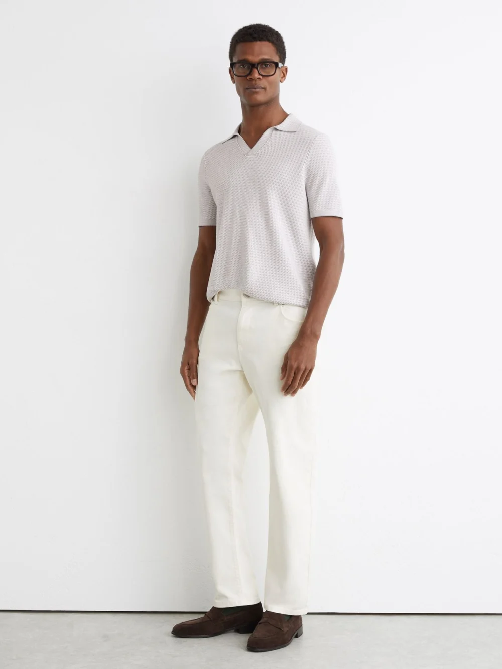 Reiss Soft Grey Open-collar Textured-knit Polo Shirt, view 3