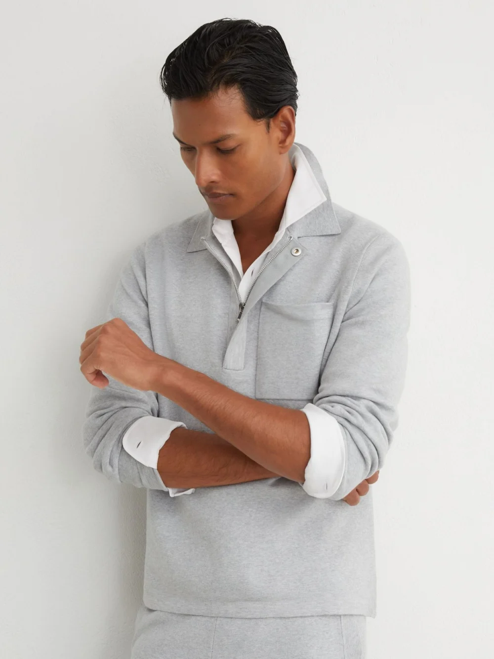 Reiss Soft Grey R-flex Half-zip Knitted Polo Jumper