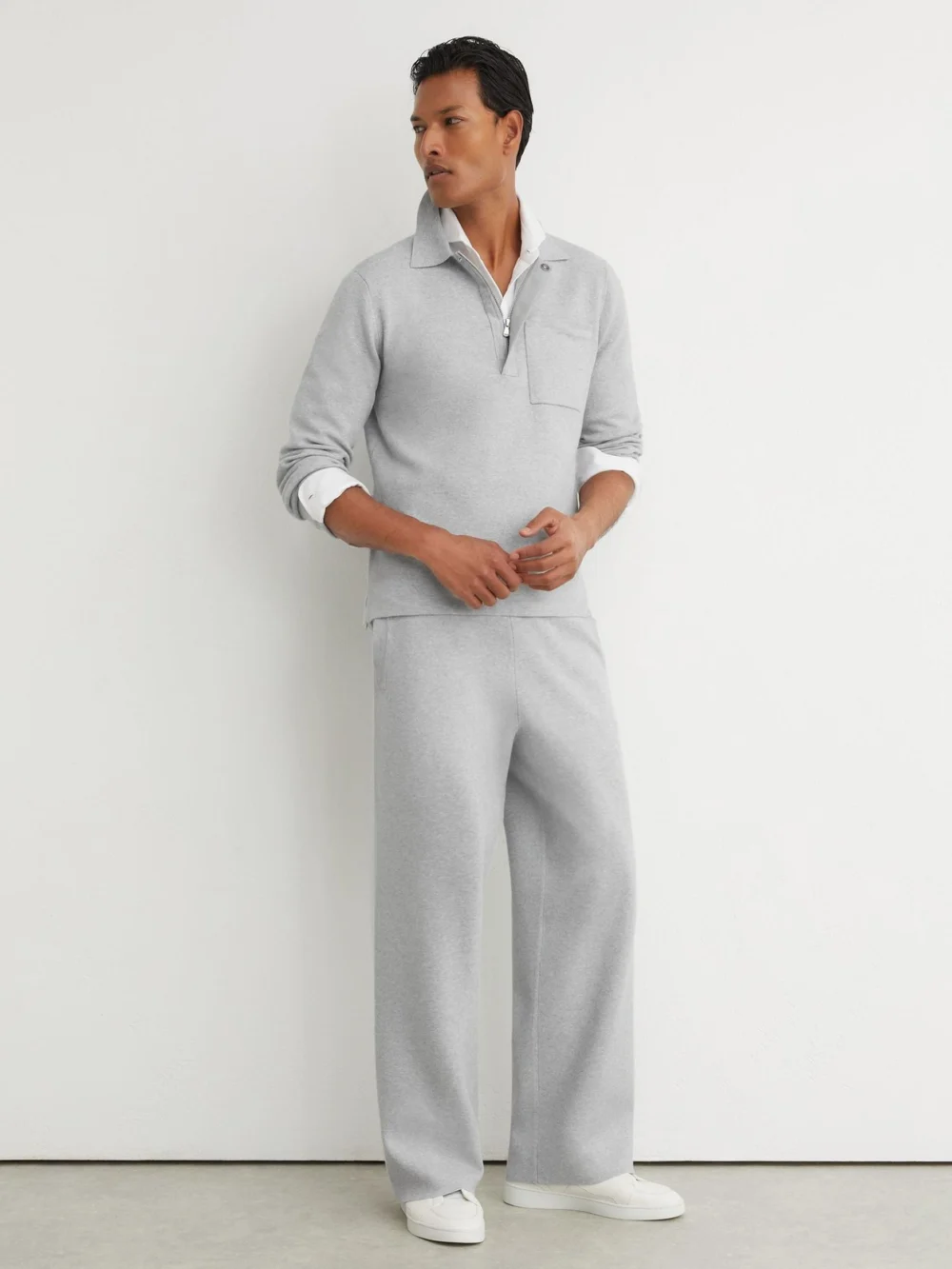 Reiss Soft Grey R-flex Half-zip Knitted Polo Jumper, view 3