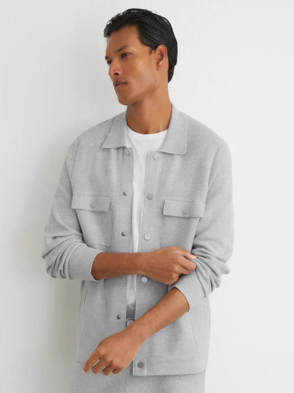 Reiss Soft Grey R-flex Knitted Press-stud Overshirt