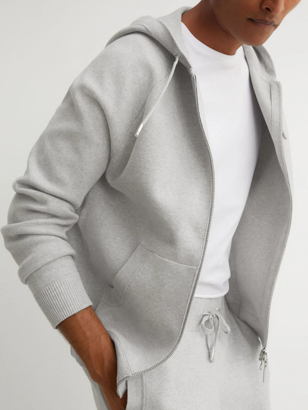 Reiss Soft Grey R-flex Zip-through Knitted Hoodie