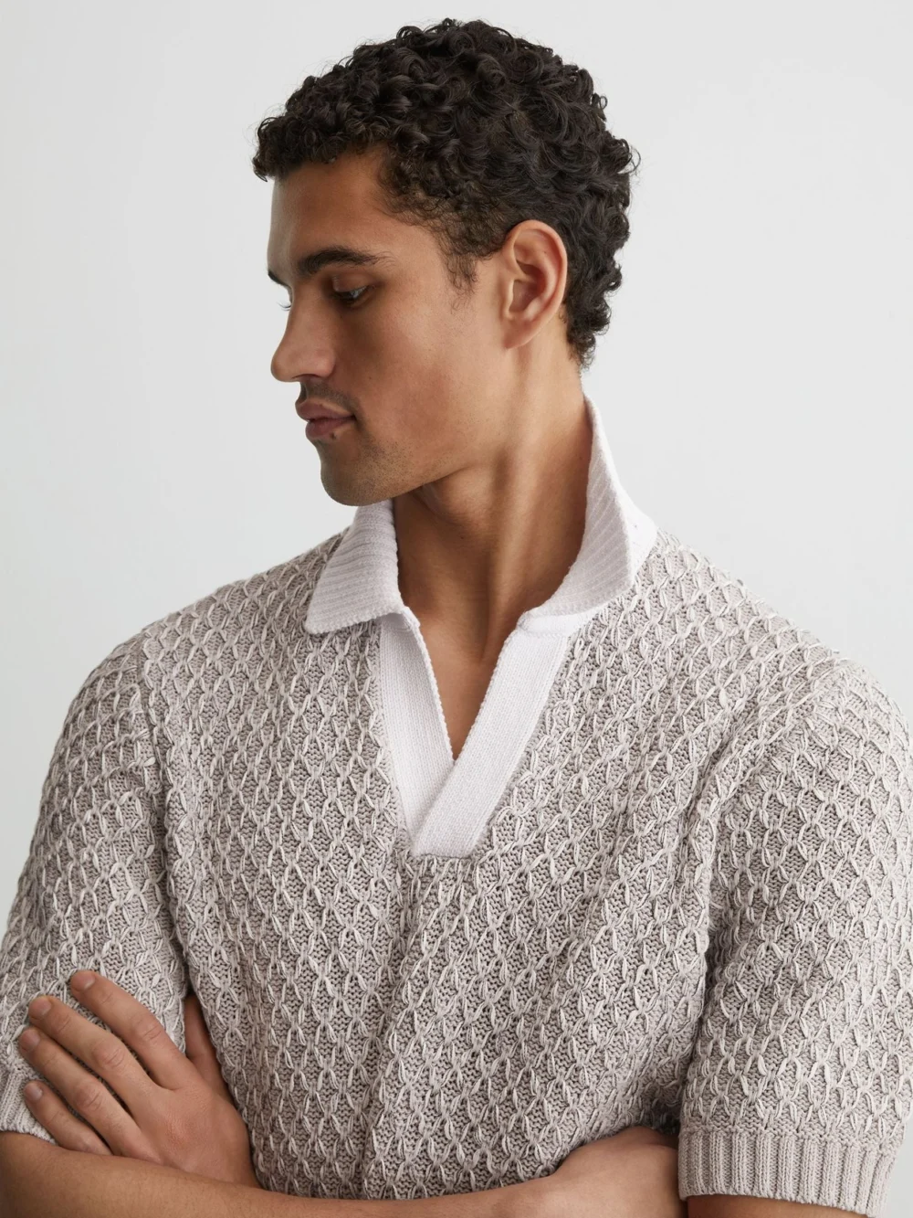 Reiss Soft Grey Stitch-detail Open-collar Knit Polo Shirt