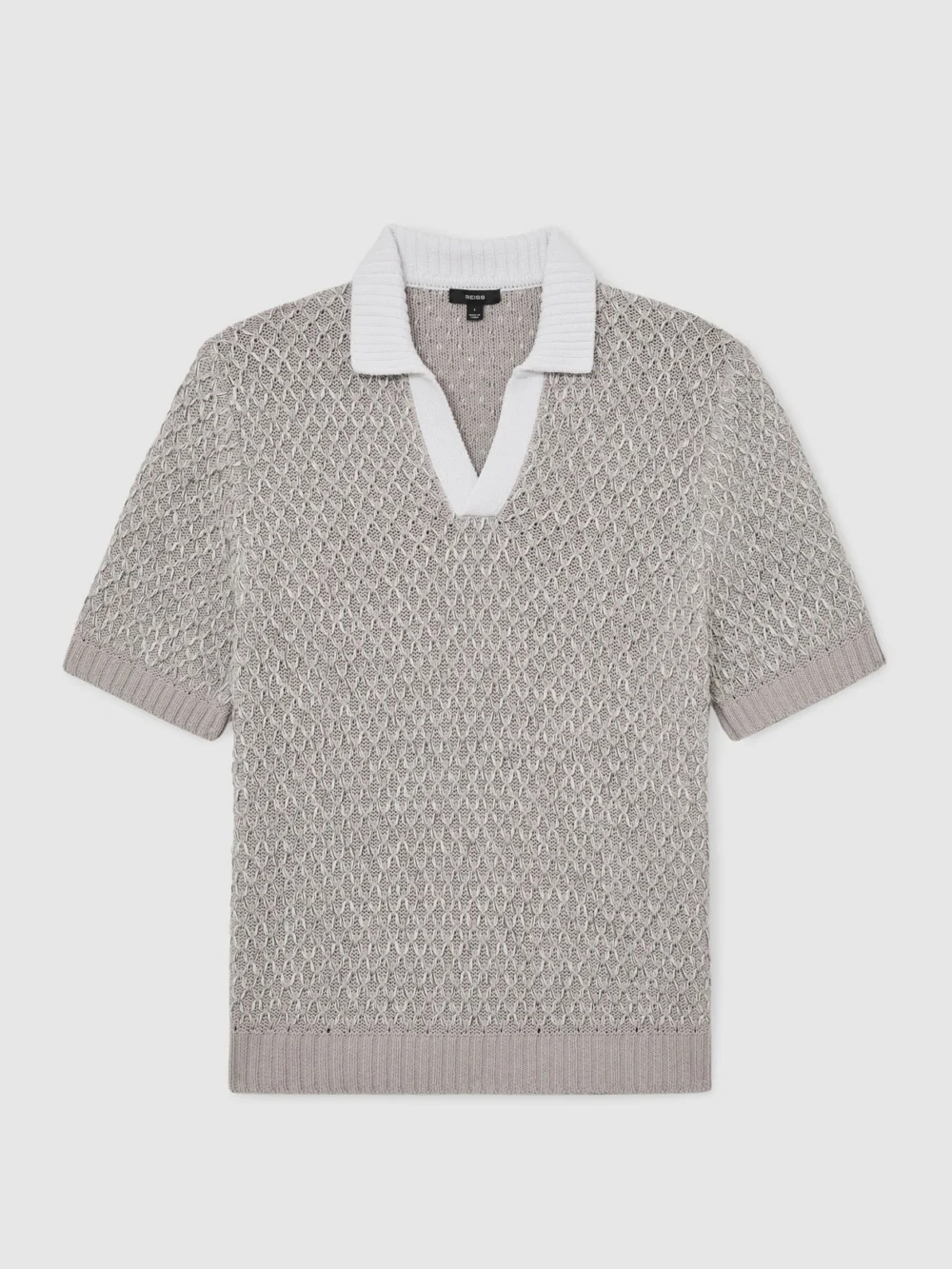 Reiss Soft Grey Stitch-detail Open-collar Knit Polo Shirt, view 2