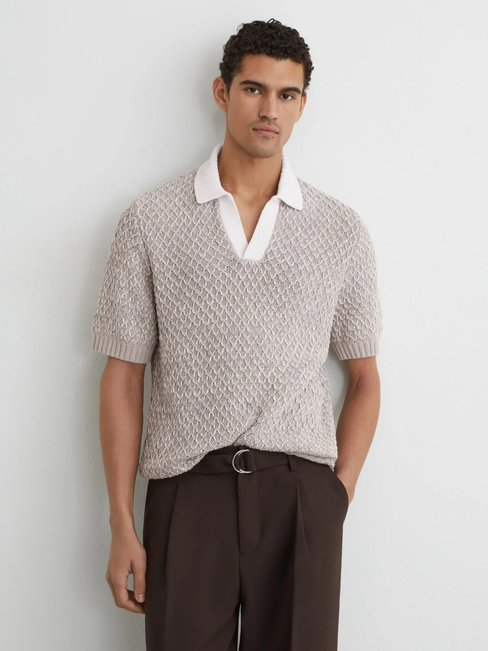 Reiss Soft Grey Stitch-detail Open-collar Knit Polo Shirt, view 3