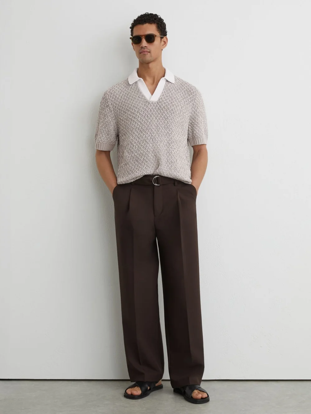 Reiss Soft Grey Stitch-detail Open-collar Knit Polo Shirt, view 4