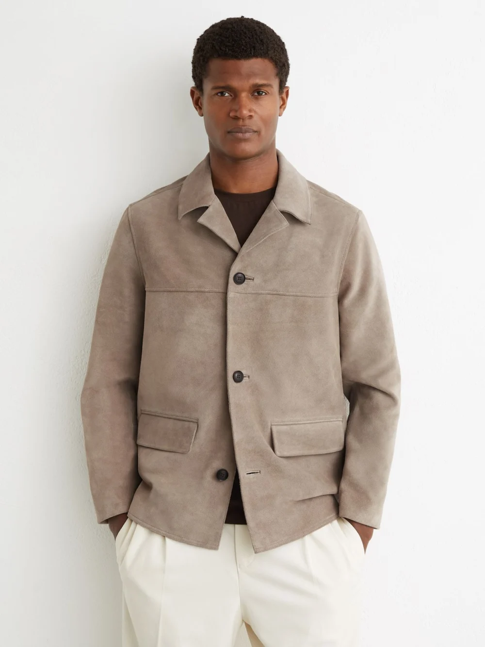 Reiss Soft Grey Suede Heavyweight Overshirt, view 3