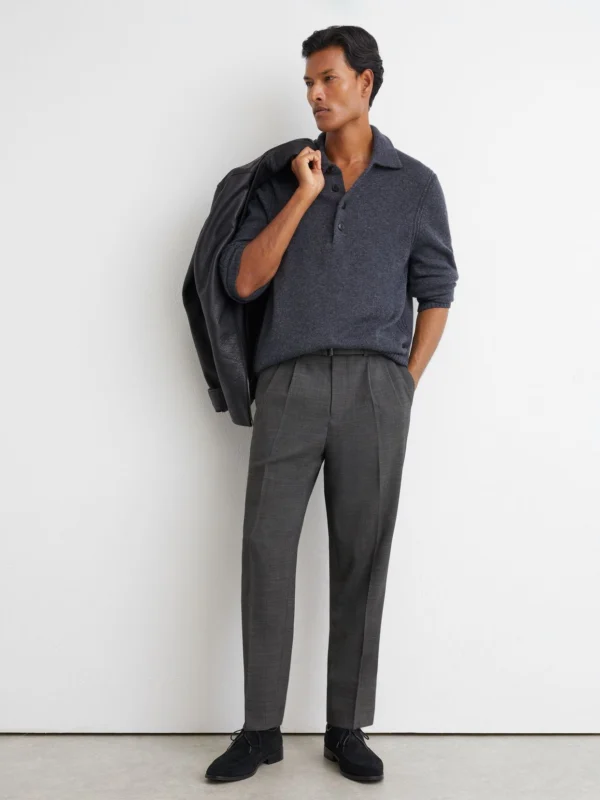 Reiss Soft Grey Tailored Fit Wool-blend Belted Pleated Trousers