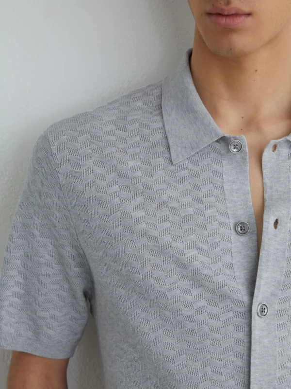 Reiss Soft Grey Textured-knit Button-through Shirt