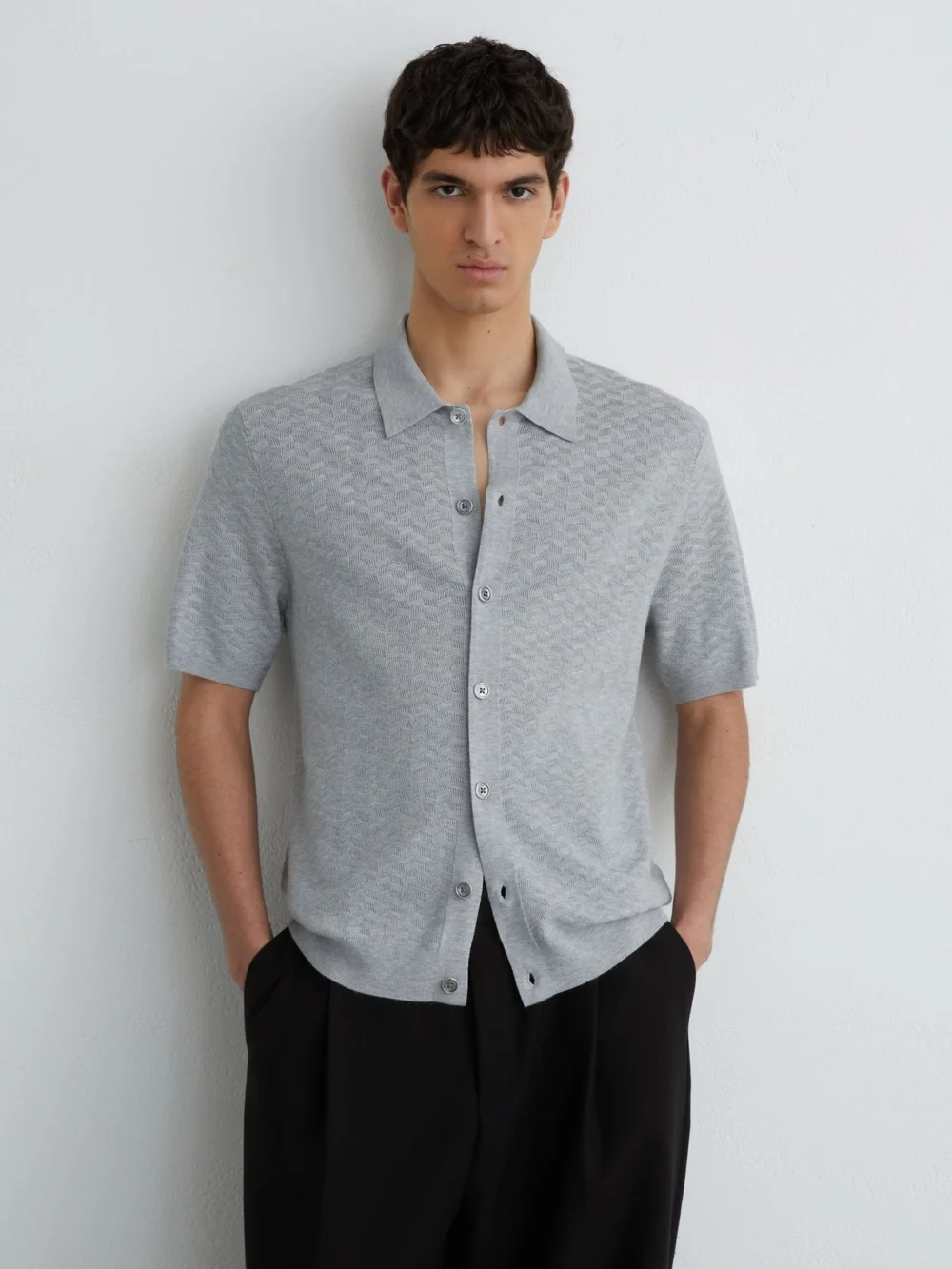 Reiss Soft Grey Textured-knit Button-through Shirt, view 3