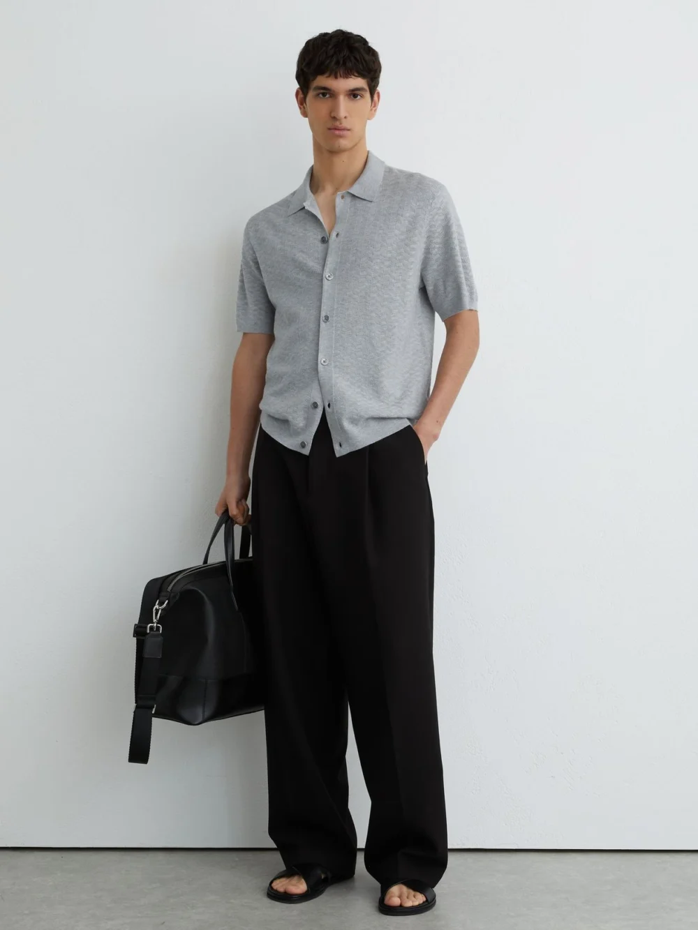 Reiss Soft Grey Textured-knit Button-through Shirt, view 4
